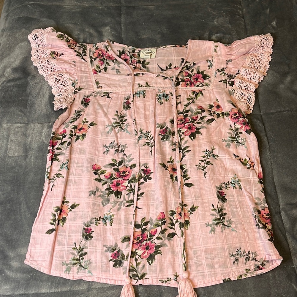 Pink, green, and gray flora shirt